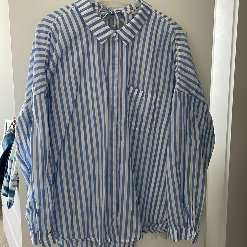 Zara lightweight blue striped blouse with bow at back neck size XL